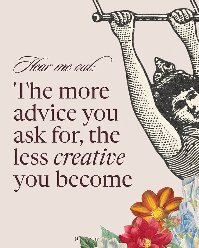 Serif typography with a black-and-white harp and cat collage, plus flowers on pale pink paper.
